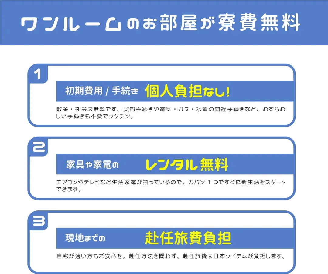 ワンルームのお部屋が寮費無料